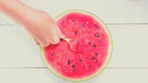 sharing fresh red watermelon